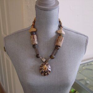 Beachy Boho Chunky Necklace, Cork, Pods, Mica Glass, Shell Pendant - NWT